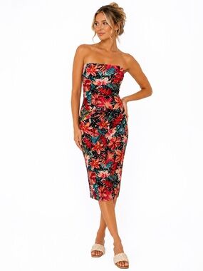 Absolutely Love It Tropical Floral Strapless Tube Midi Dress XL Buttery Soft